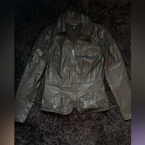 White House Black Market Black Leather Jacket with Lace